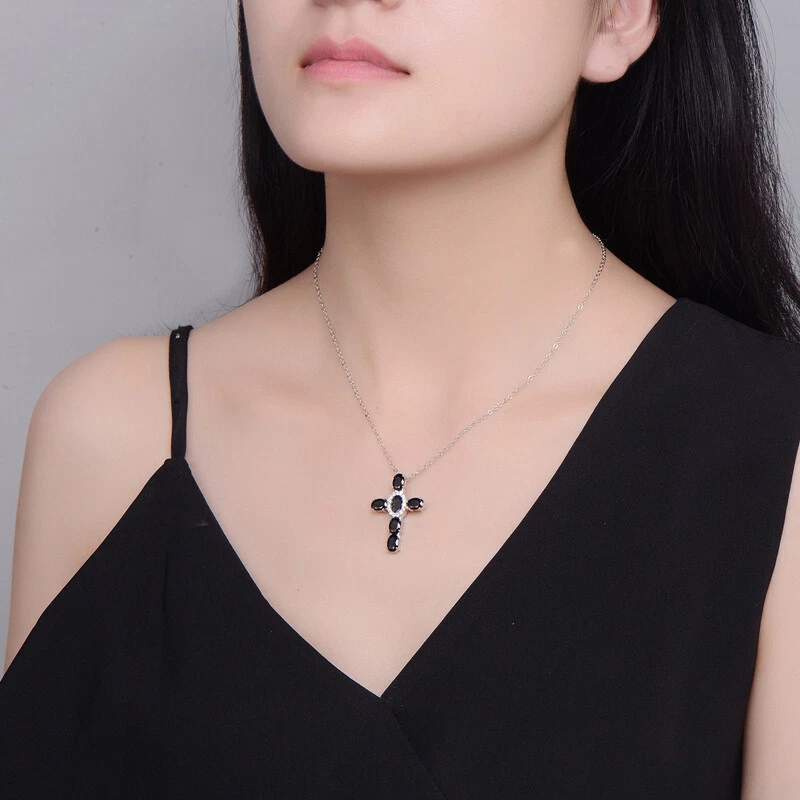 Colgantes collar cruz plata maciza piedras preciosas de ónix negro regalo piedras preciosas piedra de nacimiento Foto 2 de 4