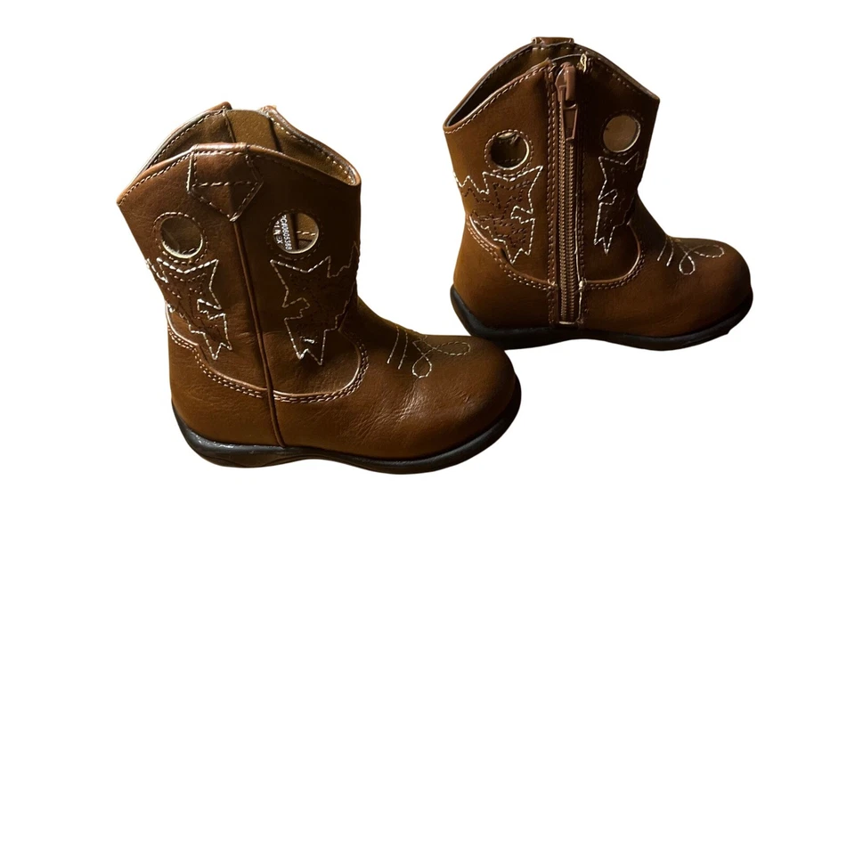 Cowboy Boots Western Brown Toddler Pull On Side Zip Faux Leather Size 5 - Image 2 of 4