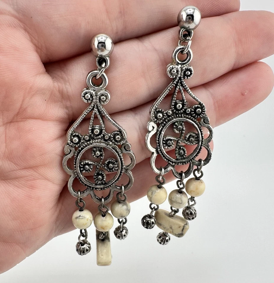 Vintage Style Chandelier Cream Agate Bead Silver Tone Dangle 3” Earrings - Image 3 of 4