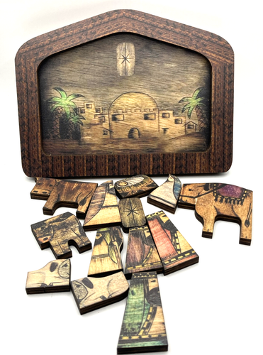 Wooden Christmas Jigsaw Puzzle Nativity Scene Wood Burned Handcrafted Design - Picture 2 of 6
