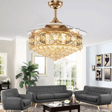 Gold 42"Crystal Chandelier Invisible Ceiling Fan LED 3-Color Change Remote