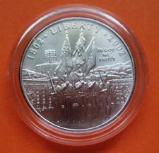 2002-W WEST POINT COMMEMORATIVE BU SILVER DOLLAR. NO BOX OR COA. IN CAPSULE.