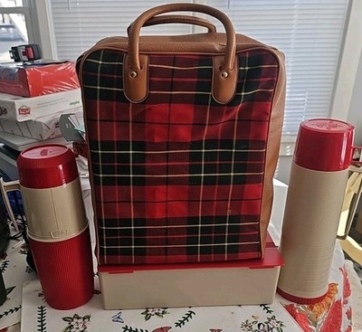 VTG 1970's THERMOS Picnic/Travel Set (2) Thermos & Sandwich Box, Red Plaid