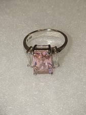 925 Sterling Silver Size 6.75 High Polish Vintage Pink Quartz White Cz Band Ring