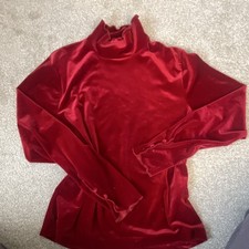 Susan Bristol Red Velvet Mock Neck Long Sleeve Blouse with Button Ruffle Accents