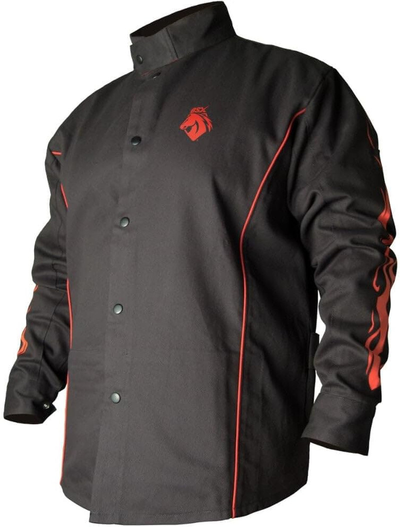BX9C Black W/Red Flames Cotton Welding Jacket - XL