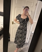 Daisy Print On Black Summer Milk Maids Dress Size L With Puff Sleeves