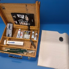 Vintage Wooden Artist Paint Box Storage Case w Oil Paints Paper Brushes 