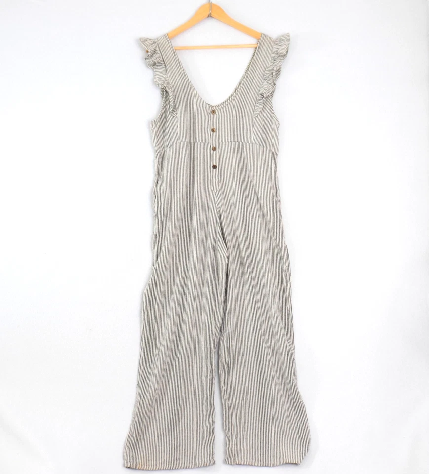 Tree of Life Womens Playsuit Size M Grey Stripe Cotton Gauze V Neck Straight Leg - image 2 of 4