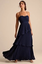 Lulus Women Jehona Pleated Tiered Maxi Dress Blue Basic Sleeved Medium