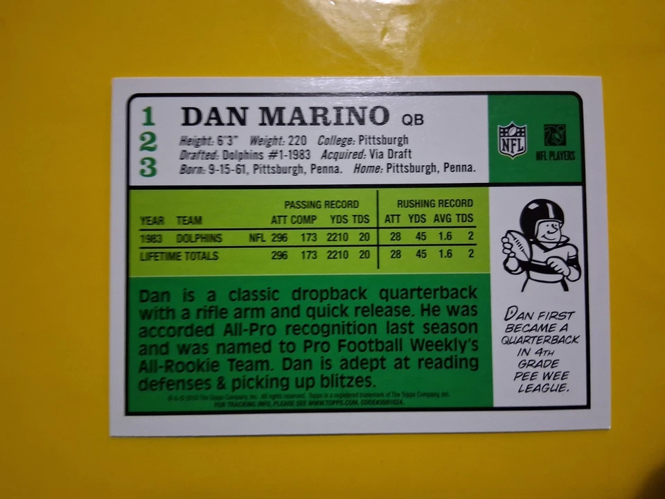 1984 年 Topps - Dan Marino 翻印 #123 (RC) 新秀卡迈阿密海豚队 — 第 2/2 张图片