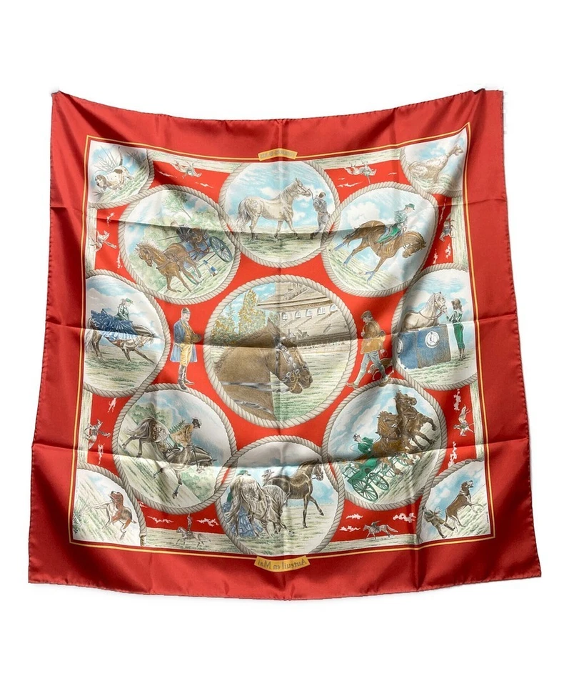 Écharpe HERMES Carre 90 Mai a Auteuil rouge et blanc authentique L:35,43" 3786 - Photo 3/4