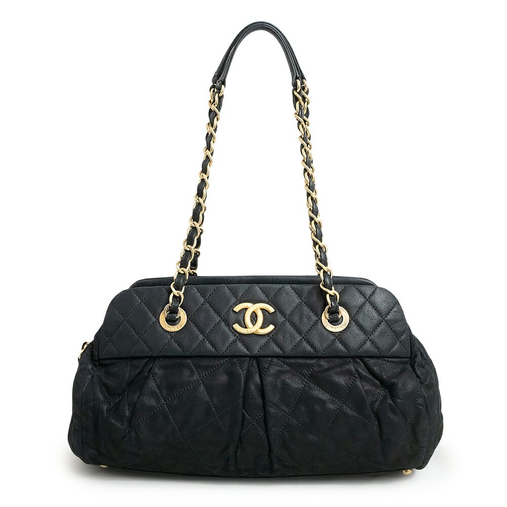 Chanel Coco Mark Matelasse Sparkle Leather Chain Shoulder Bag Black Gold Metallic