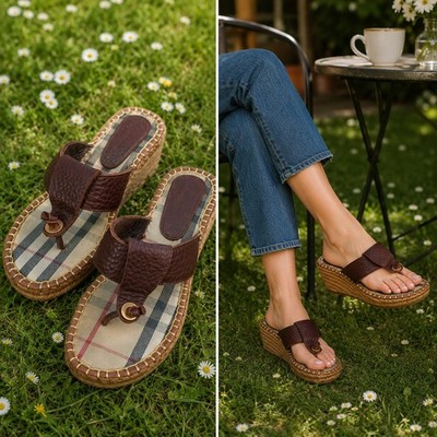 Burberry Nova Check braune Leder Zehenstegsandalen Keilabsatz UK 4
