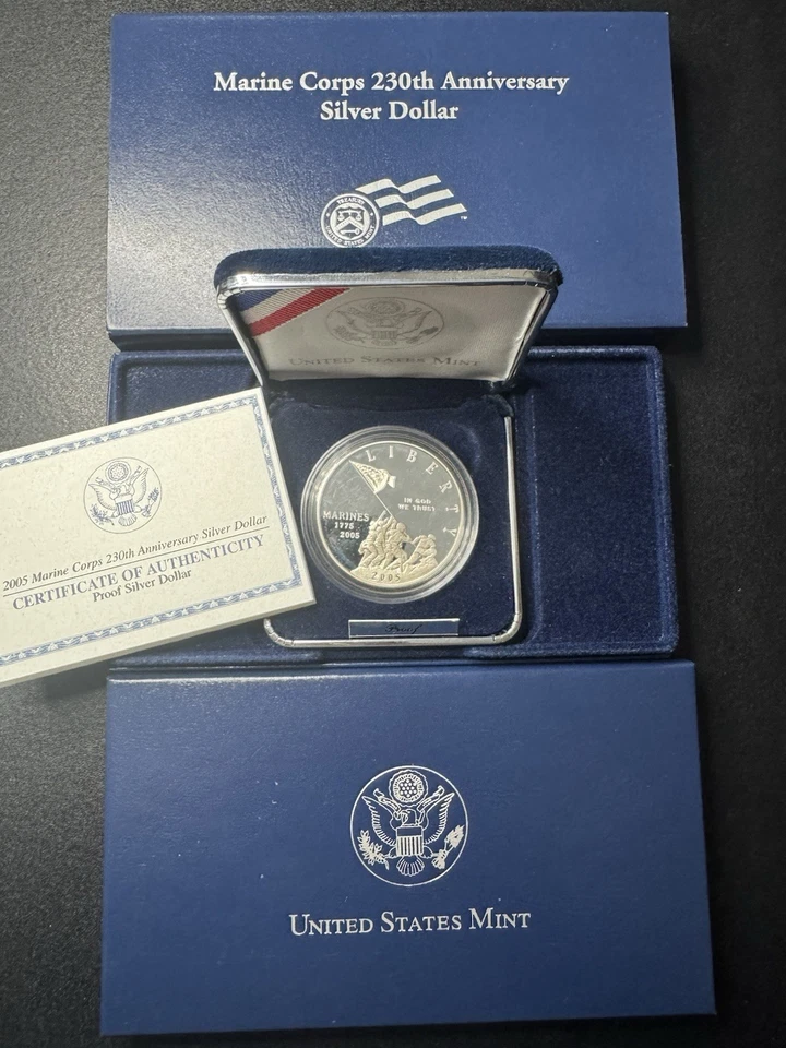 2005 Marine Corp 230th Anniversary U.S. Mint Silver Proof Dollar Coin w/Box - Image 2 of 4