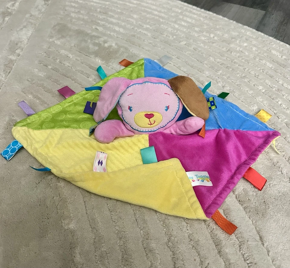 Cobertor de segurança Taggies rosa cachorro coelho pelúcia amoroso etiquetas de cetim 14" em excelente estado usado - Imagem 2 de 4