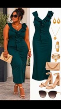 Green Maxi Dress V-Neck Sleeveless Ruffle Strappy Zip Plus Size L