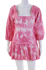 Love Shack Fancy Womens 3/4 Sleeve Square Neck Tie Dyed Mini Dress Pink Size 0