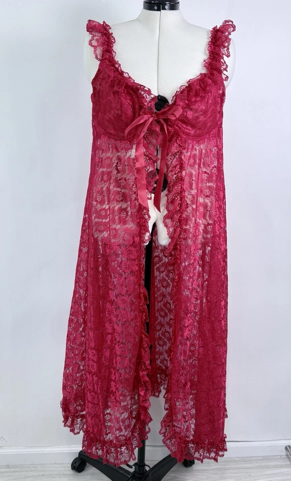 Intimate Attitudes Sheer Red Lace Tie Front Chemise Negligee Nightgown Size 2X - Image 2 of 4