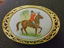 Broche Ecuestre Vintage Tono Dorado y PORCELANA FOX HUNT