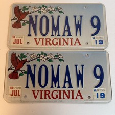 Virginia NOMAW 9 License Plates Pair Cardinal Dogwood JUL 2019 VA Set Vanity