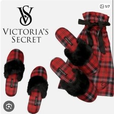NEW VICTORIA'S SECRET Signature Satin Slippers Shoes Plaid Red L 9-10