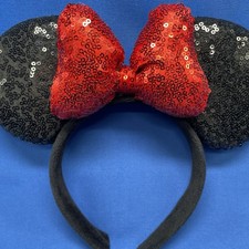 Disney Parks Minnie Mouse Ears Sequins Headband Red Bow 9in Soft Plush