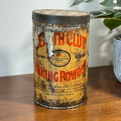 Antique Health Club Baking Powder Tin Can w/Lid Rumford RI Good Housekeeping