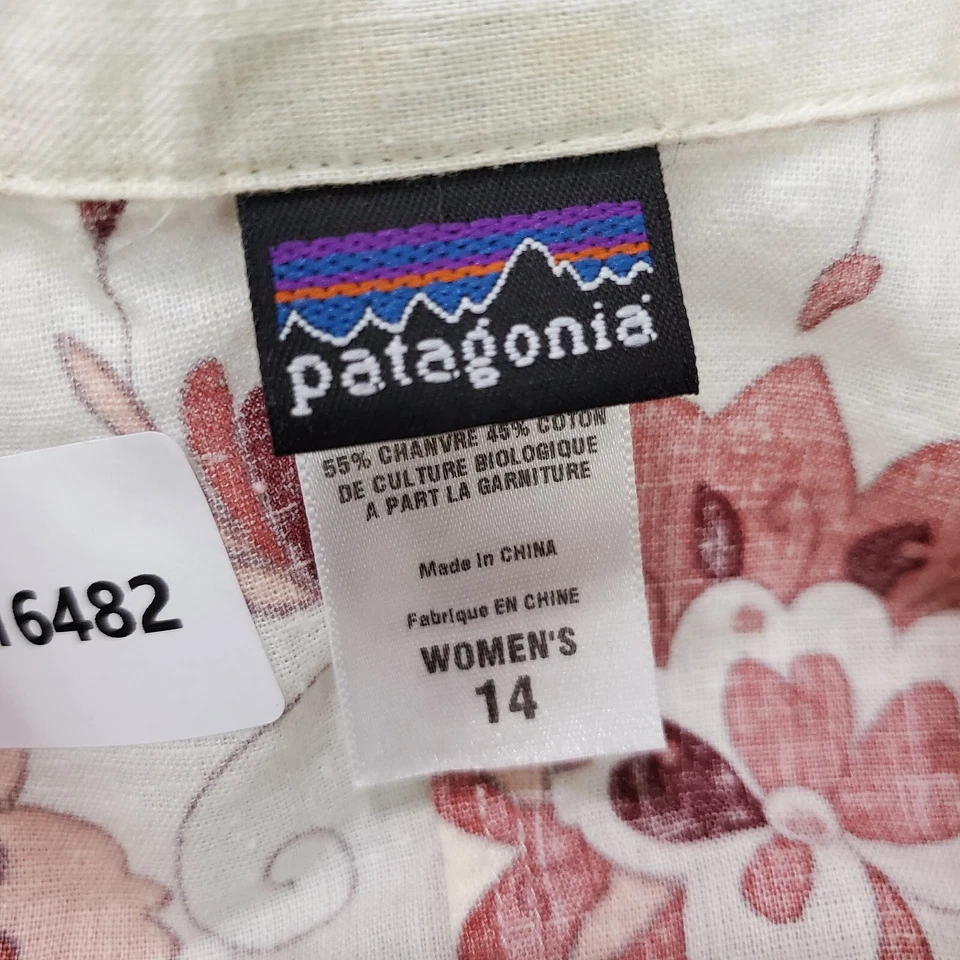 Patagonia Women Top 14 Pink Floral Organic Hemp Cotton Button Up 3/4 Sleeve READ - Image 3 of 4
