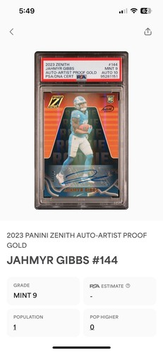 2023 Panini Zenith - GOLD Artist Proof Auto - Jahmyr Gibbs /10 - PSA 9, Auto 10! - Picture 3 of 3
