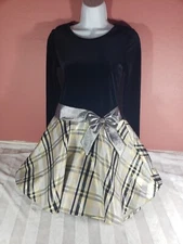 Bonnie Jean Girls Black Velvet Silver Bow Gold Plaid Holiday Dress Size 14 
