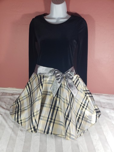 Bonnie Jean Girls Black Velvet Silver Bow Gold Plaid Holiday Dress Size 14