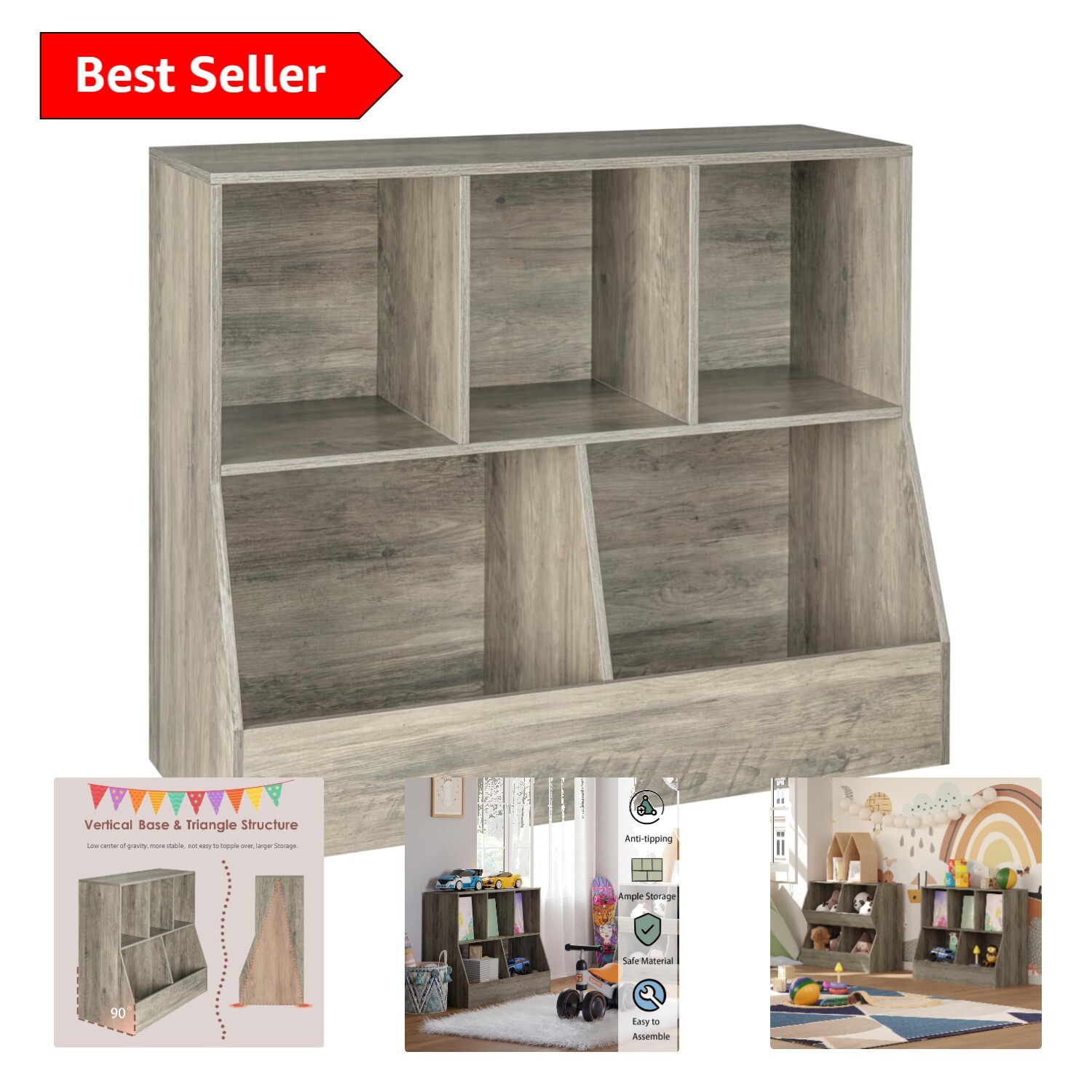 Compact Modern Toy Storage Organizer & 5-Shelf Bookcase for Kids - Easy Clean