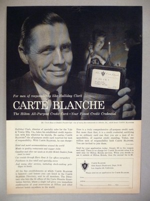 Carte Blanche Credit Card Print Ad 1959 Halliday Clark Hilton Hotel Ebay