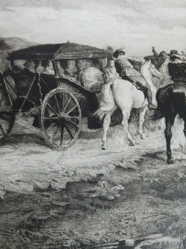 Antike Arthur Zahn Gravur Kavaliere Pferde Damen Kutsche Pergament signiert - Bild 6 von 13
