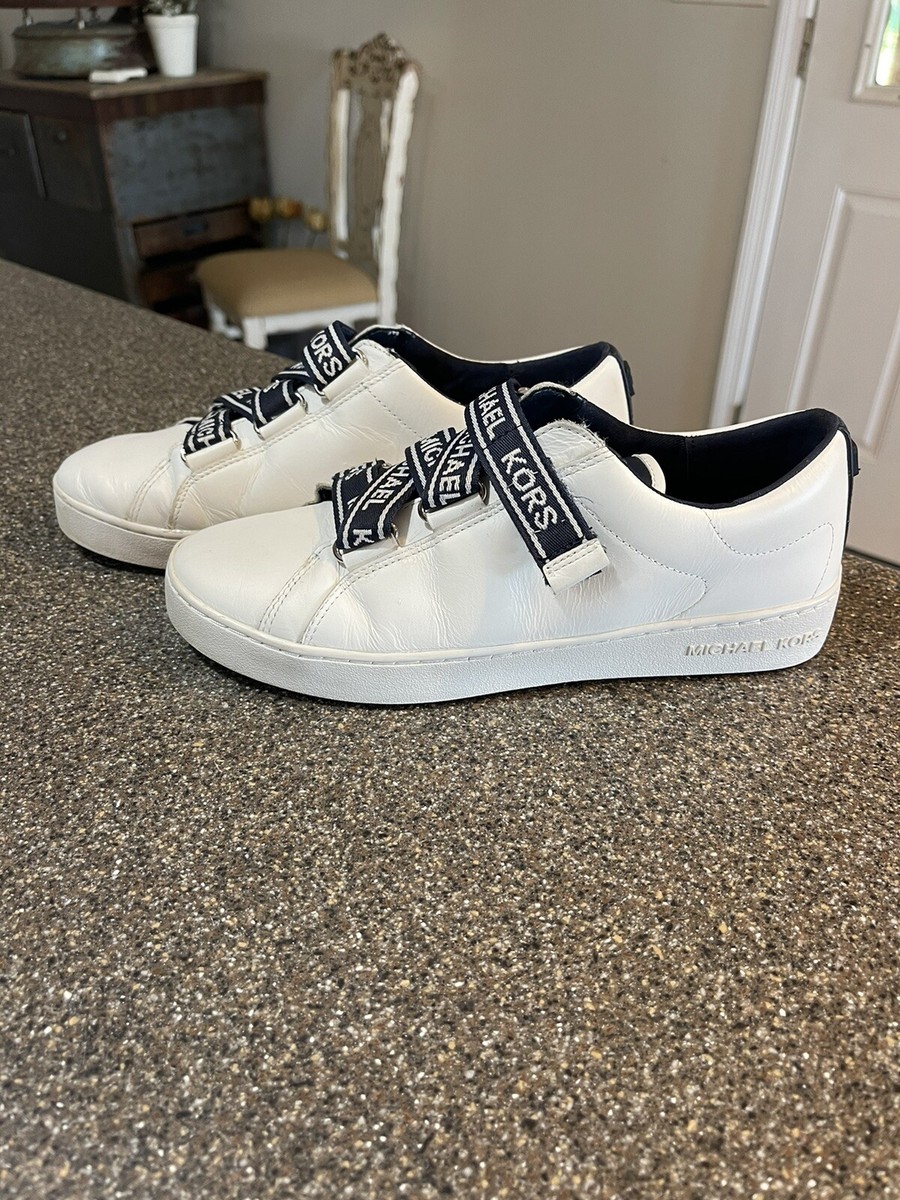 Michael Kors NIB Casey White/Navy Leather Sneaker MK Logo Size 7.5