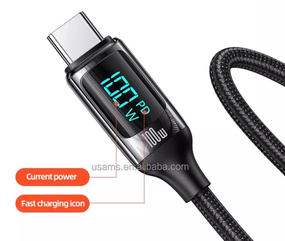 Cable Cargador Datos Carga Rápida USAMS Tipo C a Tipo C PD 100w 1.2M y Pantalla Foto 4 de 4