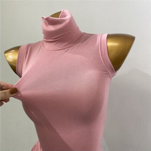 Women Sleeveless Turtleneck Vest Slim Thin Crop Top Tee Ribbed Tank T-Shirts Top - Picture 1 of 15