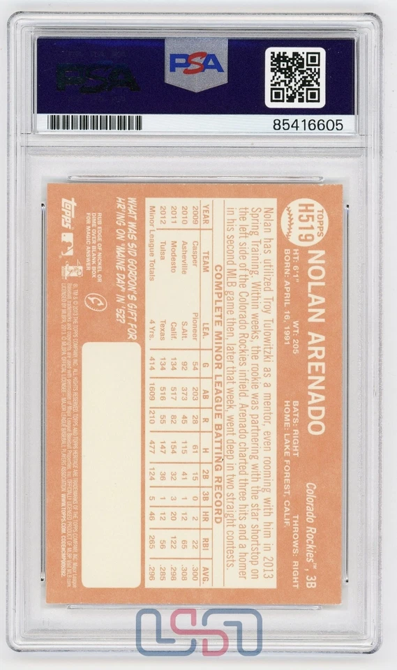 Подписанная карточка Нолана Аренадо 2013 Topps Heritage RC #H519 PSA/DNA GEM MT 10 - Изображение 2 из 2