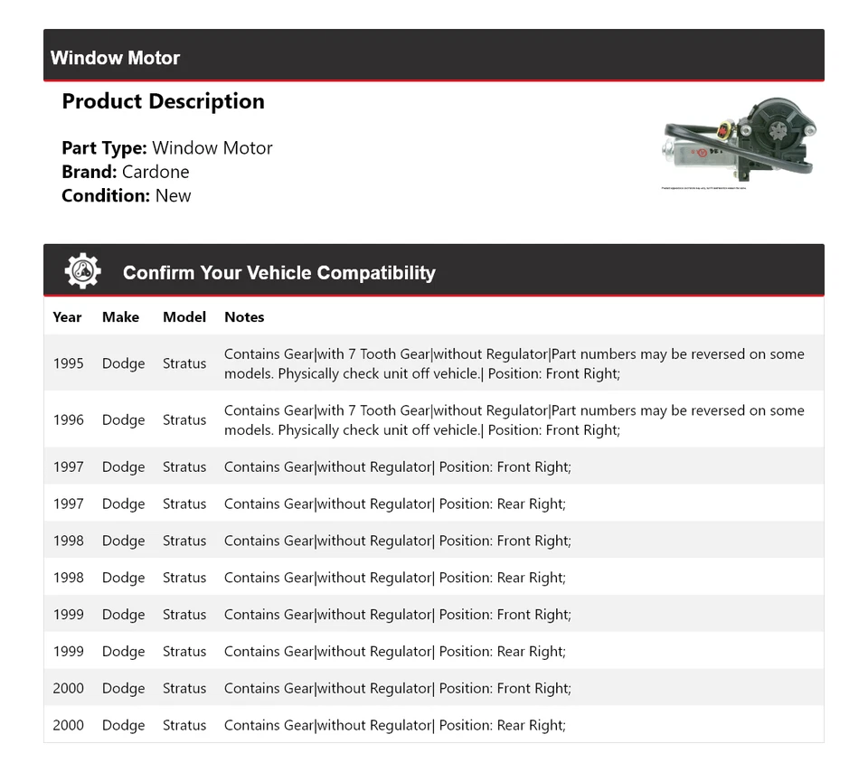 Para 1995-2000 Dodge Stratus Window Motor Cardone 1996 1997 1998 1999 - Imagem 2 de 4