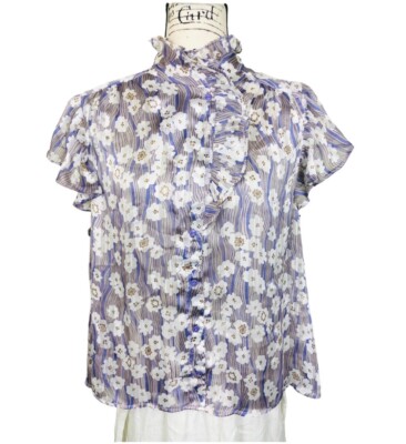 Sabina Musayev Floral Sheer Top Size Large Lavender White Flutter Sleeve