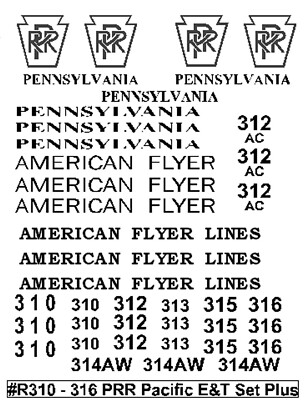 AMERICAN FLYER  #310 - 316 PRR PACIFIC E&T ''WHITE'' Decal Set Plus