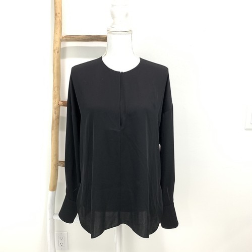 Vince Black Silk Blouse Size 8 Long Sleeve Single Button Front Covered Placket - Picture 5 of 11