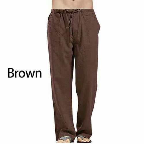 Herren Baumwolle Leinen lose Yogahose Freizeit Strand Kordelzug lange Hose Hosen - Bild 8 von 13