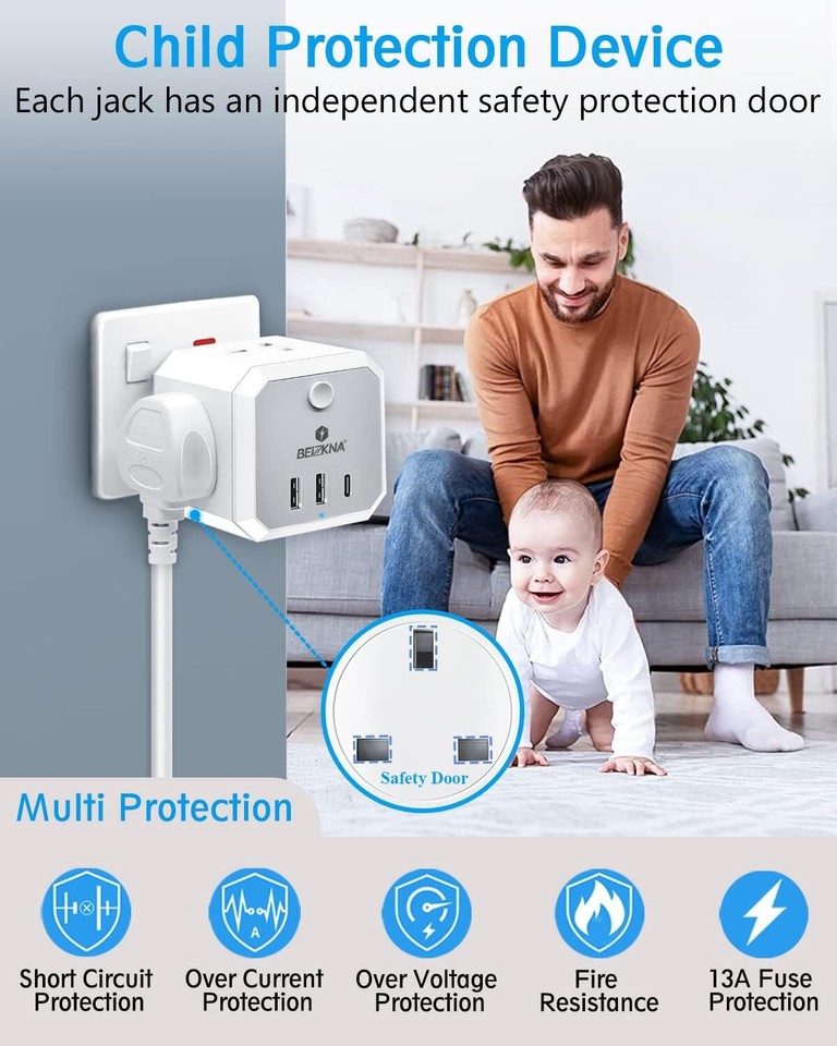 Multi Plug Adapter with 3 USB 4 Way Multi Plug Extension USB C Wall ...