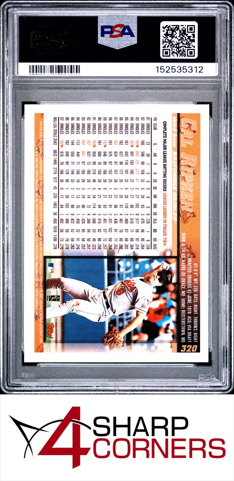 1998 TOPPS #320 CAL RIPKEN JR. ORIOLES HOF PSA 10 view 2