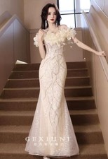 Grace Women Off-shoulder feather Lace Bodycon Sequins Sexy Long Dress Party