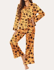 Ekouaer Women's 2-Piece Silk Satin Button Down Orange Pajama Set Halloween M NIP
