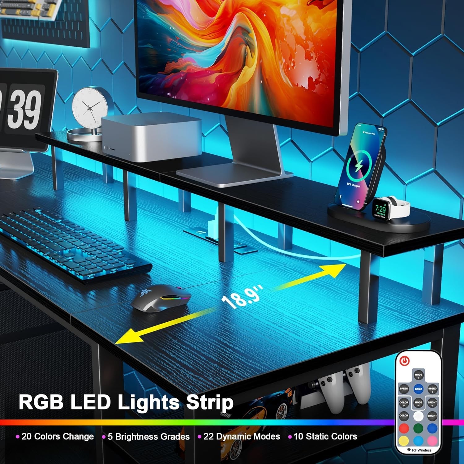 Black Gaming Desk with LED Lights and Power Outlets, 40 Inch Teen Writing Study
