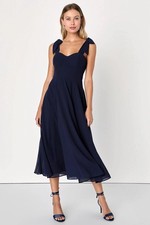Lulus Sophisticated Charisma Navy Blue Tie-Strap A-Line Midi Dress Size M New